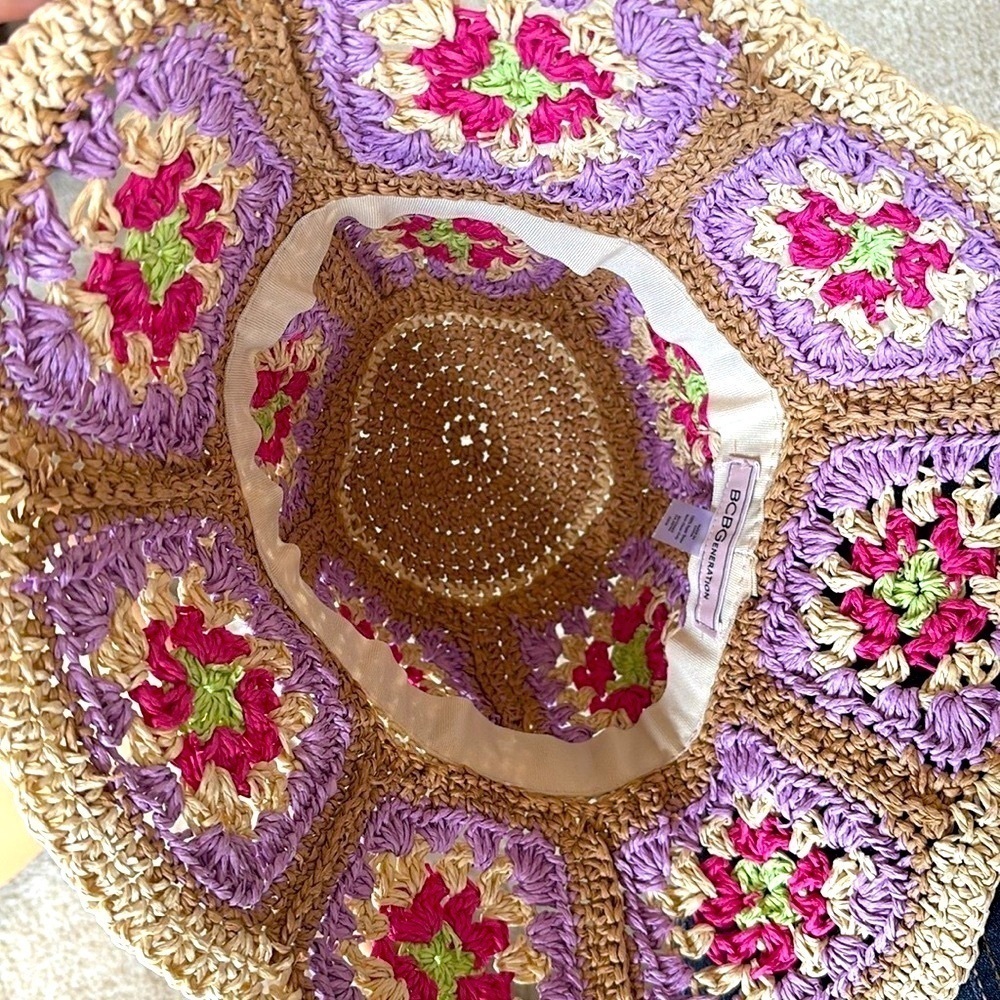 Brand New BCBGeneration Straw Woven Hat Crochet Patchwork Floral Floppy Beach - Picture 12 of 15
